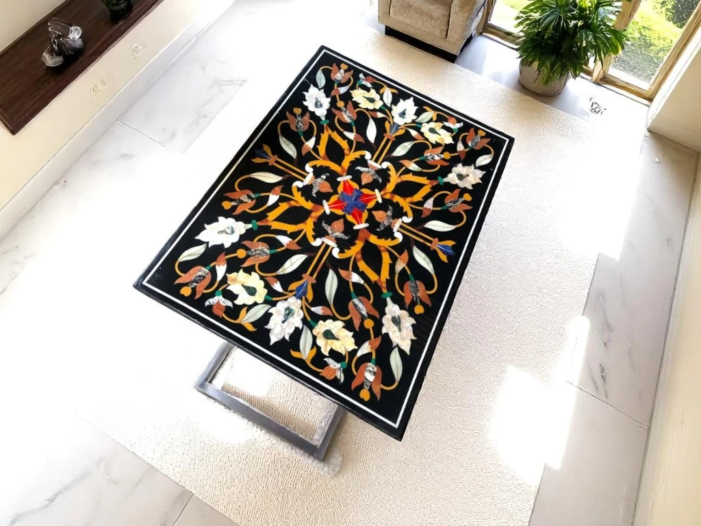 Elegant Living Room Side Table with Inlaid Stone Design
